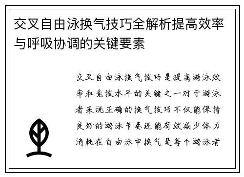 交叉自由泳换气技巧全解析提高效率与呼吸协调的关键要素