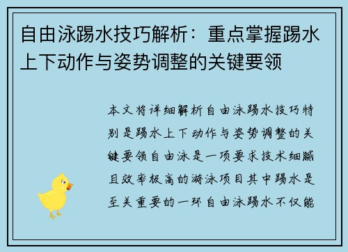 自由泳踢水技巧解析：重点掌握踢水上下动作与姿势调整的关键要领